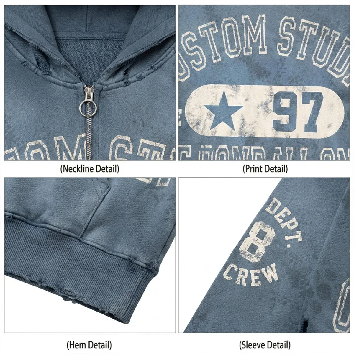 Close-up of garment-dyed hoodie construction and finish